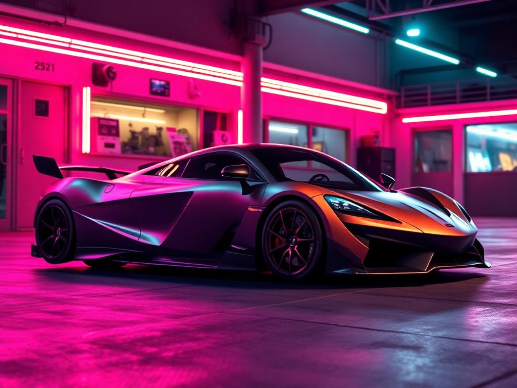 Exotic supercar in a neon-lit Florida garage